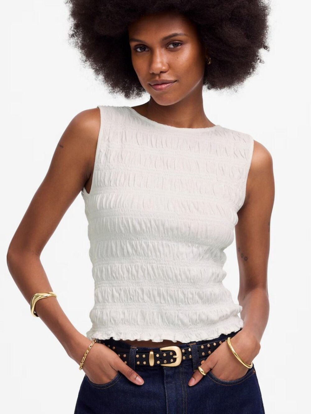 Madewell Smocked Boatneck Cotton Linen Top in White XS